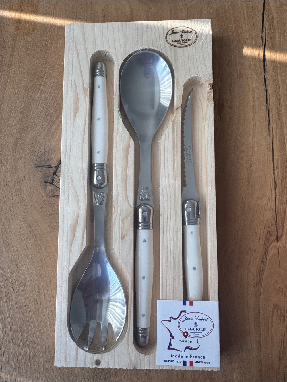 Laguiole White Handle 3-Piece Wooden Box Serving Set